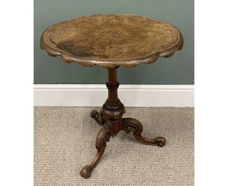 VICTORIAN INLAID BURR WALNUT TRIPOD OCCASIONAL TABLE, having a shaped apron edged top on a turned and carved column on three 