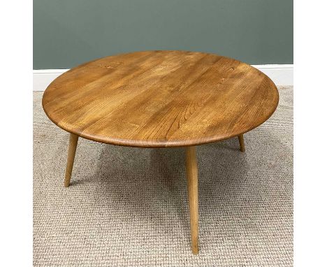 ERCOL LIGHT ELM CIRCULAR TOP COFFEE TABLE, trace original label, 43cms H, 87cms top diam.Provenance: private collection Pwllh