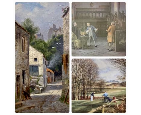 SIDNEY M BROAD oil on board - of a narrow fishing village street, signed lower left, 36 x 25cms, TERRY HARRISON print - golfe