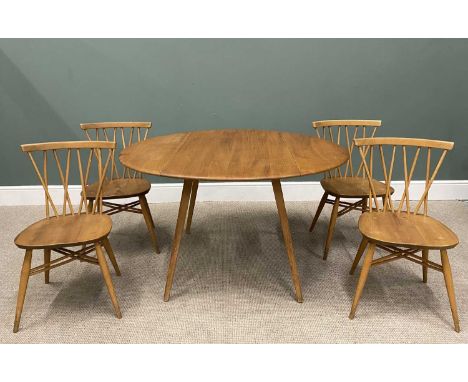 ERCOL BLONDE ELM &amp; BEECH DINING TABLE AND FOUR CANDLESTICK BACK DINING CHAIRS, 71.5cms H, 113cms L, 65.5cms W (closed), 1