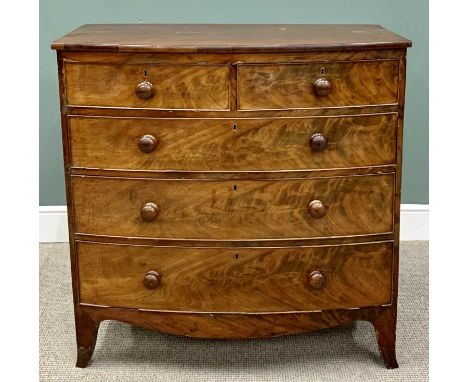 VICTORIAN MAHOGANY BOW FRONT CHEST, two short over three long drawers with turned wooden knobs, on corner bracket feet, 105cm