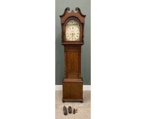 ANTIQUE MAHOGANY LONGCASE CLOCK CIRCA 1840, having an arched top painted dial set with Roman numerals, subsidiary seconds and