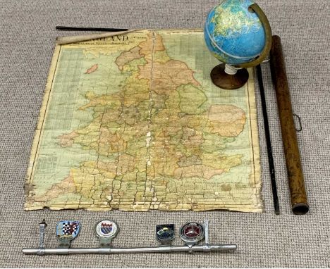 TRAVEL COLLECTABLES comprising chrome bumper bar holding four various badges including British automobile racing club, Rhyl &