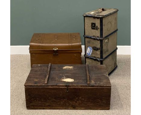 THREE ITEMS OF VINTAGE LUGGAGE, comprising a tin trunk with red interior and side carry handles, 50cms H, 74cms W, 50cms D, s