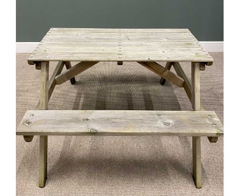 TEAK GARDEN PICNIC TABLE / BENCH, 79cms H, 122cms W, 130cms DProvenance: deceased estate Denbighshire