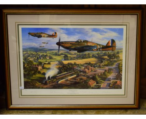 EXTRA LOT: A Nicolas Trudgian limited edition print, Tangmere Hurricanes, signed by four pilots and the artist in pencil, 592