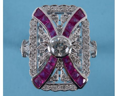 An Art Deco style 18ct white gold, diamond and ruby panel ring, approx. ring size O  See inside front cover colour illustrati