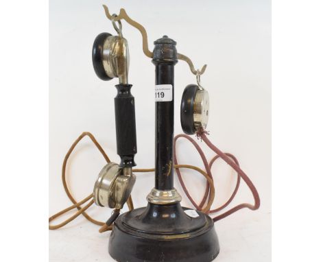 A French A. Burgunder black painted metal and chrome candlestick telephone, circa 1910, 32 cm high 