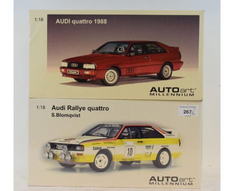 An Auto Art Millennium 1:18 scale Audi Rally Quattro S. Blomqvist, and an Audi Quattro 1988 by the same, both boxed (2)Report