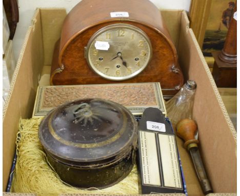 A 19th century metal spice box, with grater, 18 cm diameter, a 19th century ebony and ivory cribbage board, a mantel clock an