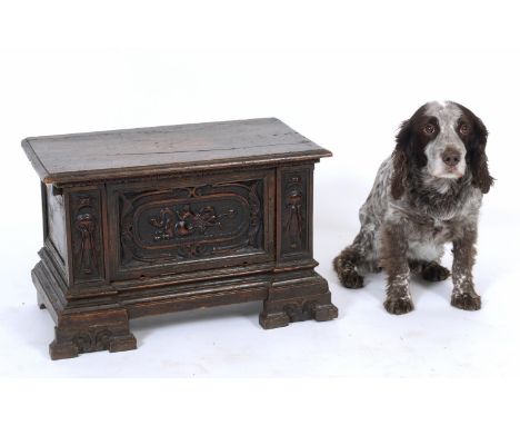A 17th century Italian walnut Cassone, of small proportions, with a hinged top and a fall front, carved a figure riding a myt