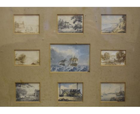 19th century, a seascape, watercolour, 6.5 x 9 cm, and nine others similar, framed as one 