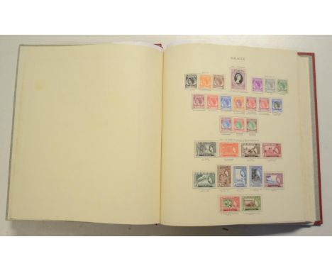 Two New Age stamp albums, Queen Elizabeth II British Commonwealth, mostly complete, lacking high values, and an album of firs