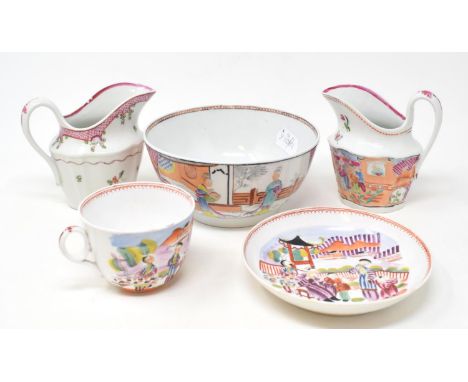 A New Hall porcelain bowl, with chinoiserie style decoration, cracked, 15.5 cm wide, a similar jug, another, and a cup and sa