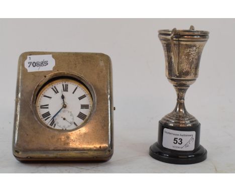 A Royal Doulton Reflection pattern part tea service, a silver mounted travelling pocket watch case, a silver trophy cup,  sil