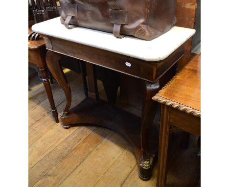 A mahogany console table, the grey marble top above a frieze drawer, on cabriole front legs joined by an undertier, 96 cm wid