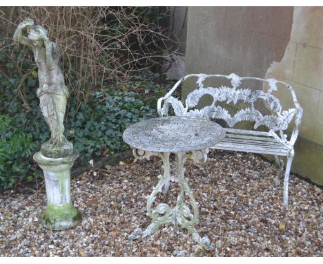 A Coalbrookdale style metal garden bench, a similar table, and a reconstituted stone statue (3)Report by GHTotal height of st