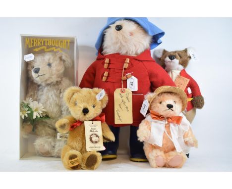 A Gabrielle Designs Ltd plush Paddington Bear, with a red coat, and a blue hat and boots, 46 cm high, two Merrythought bears,