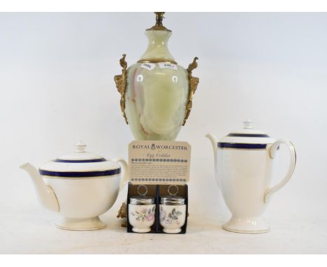 An inlaid mahogany tea caddy, 29.5 cm wide, an onyx table lamp, cigarette cards, a Royal Worcester part tea and dinner servic