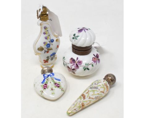 A Berlin porcelain scent bottle, painted a butterfly, flowers, and foliage, with gilt metal mounts, 9.5 cm high, two silver m