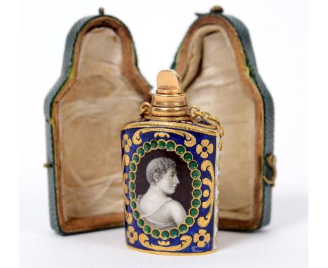 A late 18th century yellow coloured metal and enamel scent bottle and stopper, each side decorated  a portrait of a gentleman