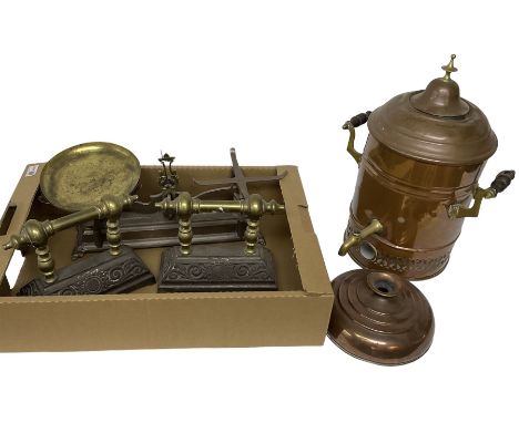 Pair of scales, together with a copper samovar and a pair of fire dogs 