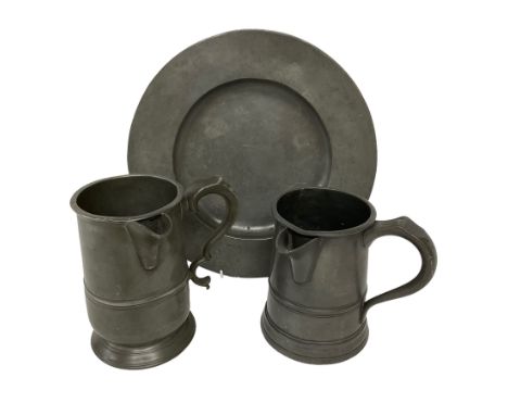 18th century pewter plate, with stamped London Superfine and crowned rose mark verso, together with two 19th century pewter s