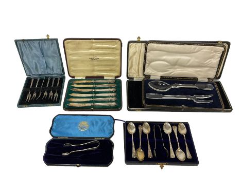 Set of six 1930's spoons and sugar tongs, with embossed foliate decoration, hallmarked William Suckling Ltd, Birmingham 1937,