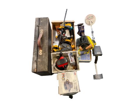 Collection of modern and vintage tools, including car polishers, saws, belt sander vice, metal detector workshop lamp, wooden