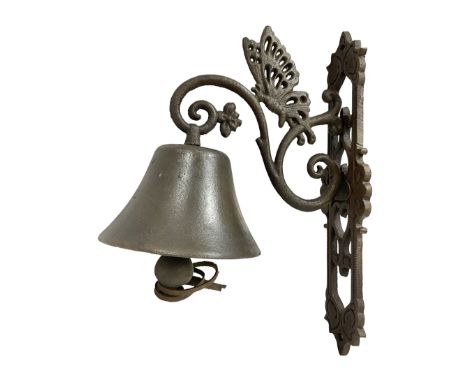 Cast iron exterior hanging garden bell with decorative butterfly bracket