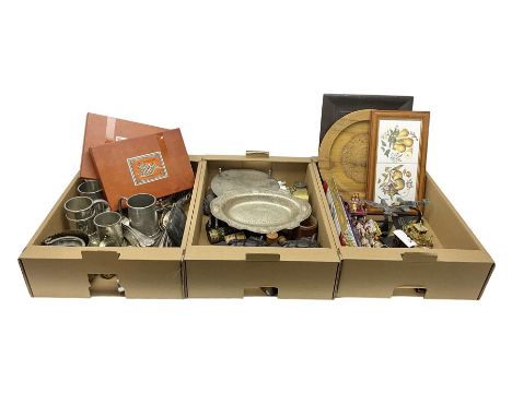Collection of vintage matchboxes, treen to include Mauchline Ware, pewter, brassware, Zippy lighter etc in three boxes
