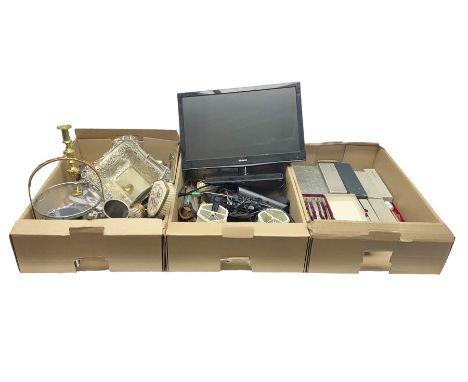 Quantity of silver plated and other metal ware to include Community cutlery and brass, together with Polaroid tv etc in three