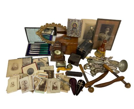 Quantity of mid 19th century and later photographs to include cartes des visites,  together with a small oval mirror, early 2