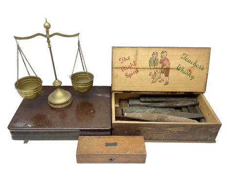 Quantity of oil and sharpening stones in wood box, pair of brass tabletop scales, canteen box and smaller box