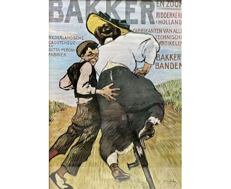 After Jan Willem 'Willy' Sluiter (Dutch 1873-1949): Gents on a Bicycle, humourous colour print 43cm x 30cm