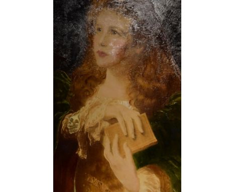 (19th/20th century), a textured print, portrait of a lady and book, 30 x 22cm, fancy inked frame, 49 x 40cm