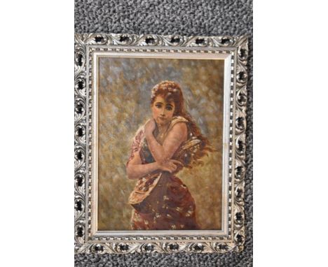 Bisson, (19th century), an oil painting, portrait of lady and mandolin, signed and dated 1890, 28 x 20cm, later foliate frame