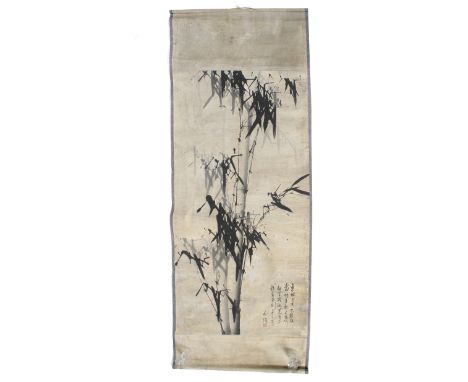 A large Chinese ink painting of bamboo, rolled. With a long inscription and seal lower right, image circa H135cm, mounted as 