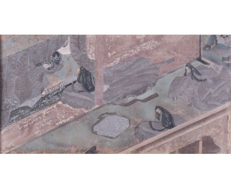 A coloured print, probably woodblock, after Murasaki Shikibu Nikki Emaki, a 13th century Japanese scroll. Depicting the momen