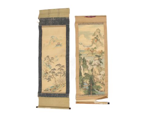 A Chinese and a Japanese hanging scroll. Both painted with landscapes, the second on silk and with an inscription and seal lo