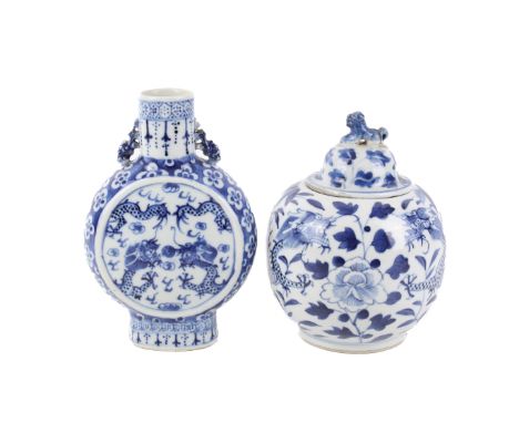 Two small 20th century Chinese blue and white vessels. Comprising a moonflask with dragon decoration and pierced handles, H16