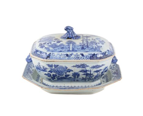 A late 18th century Chinese export blue and white lidded tureen and dish. Decorated with bamboo and chrysanthemum in a landsc