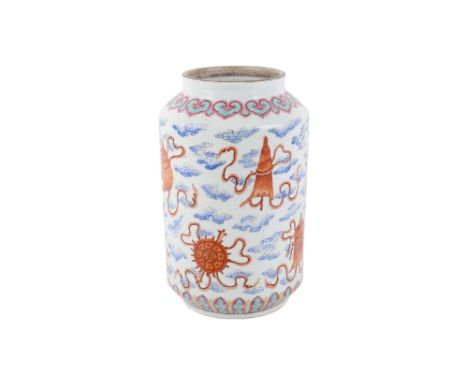 A 19th century Chinese cylindrical vessel. Decorated with the Eight Buddhist symbols in rust red amongst overglaze blue and w