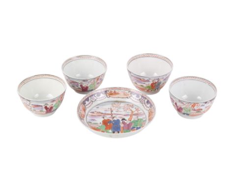 Four late 18th/early 19th century Chinese tea bowls and a matching saucer. Decorated with children, with highlights in violet
