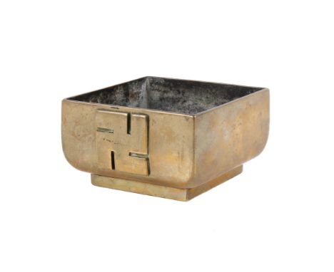 A 19th/20th century Chinese/Tibetan square brass censer. With raised Buddhist swastika to one side, the vessel raised on a sh