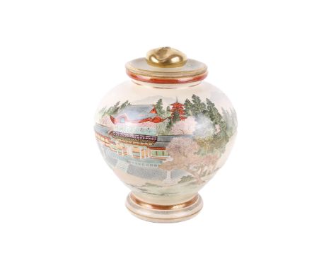 A large Japanese Meiji period Satsuma lidded vessel. The bulbous body decorated with a temple between plum blossom trees, Sat
