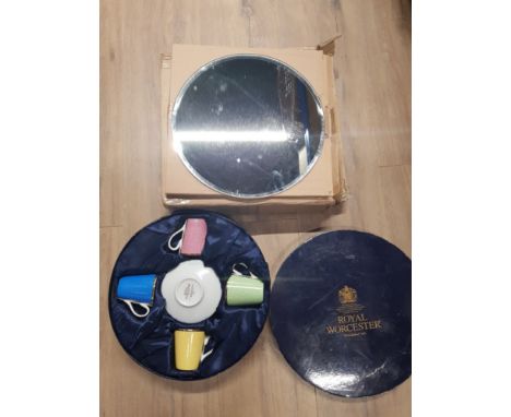 BOXED ROYAL WORCESTER CUP AND SAUCER SET AND A BOX OF UNFRAMED GLASS