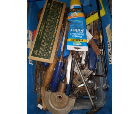 A BOX OF ASSORTED TOOLS INC SPANNERS CHISELS ETC