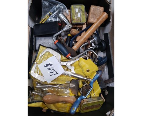 A BOX OF ASSORTED TOOLS INC HAMMERS ETC