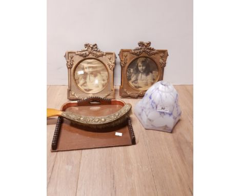 PAIR OF GILT FRAMED PHOTO FRAMES AND COLOURED GLASS LIGHT SHADE ETC